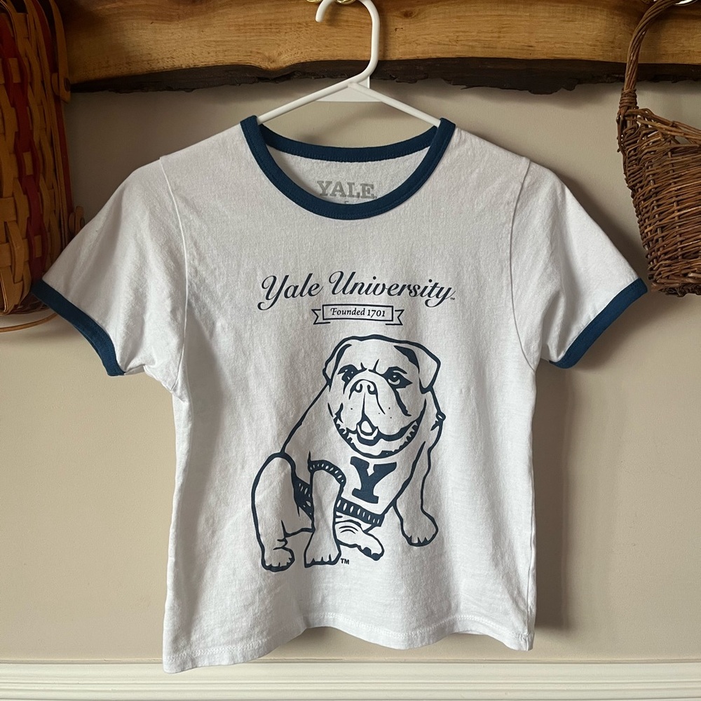 Yale University 90s Rory Gilmore Ringer Navy White Cropped Crop Tshirt Small S